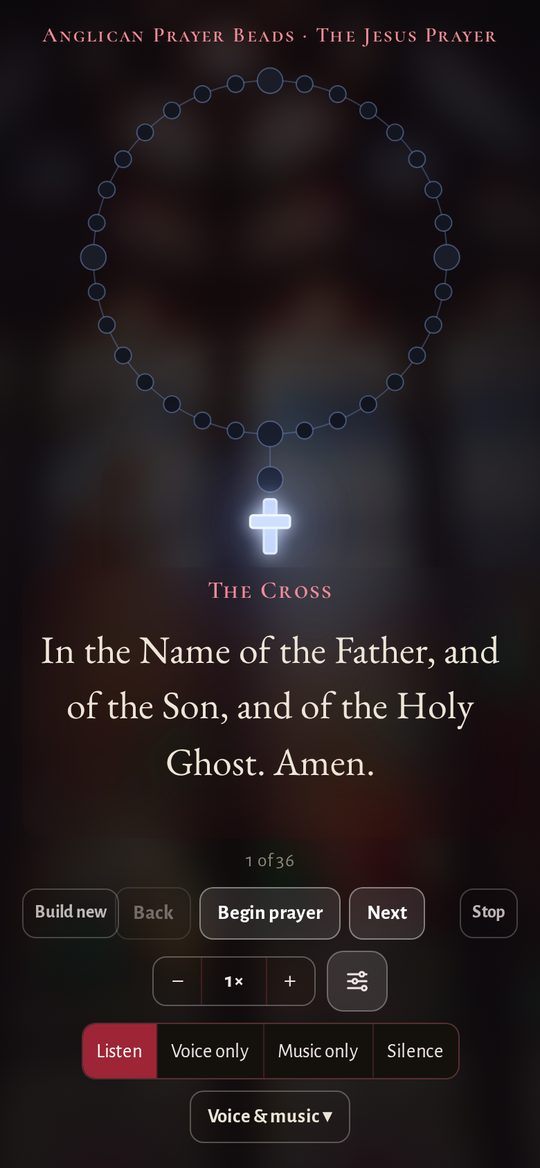 Anglican prayer beads with the current bead glowing blue